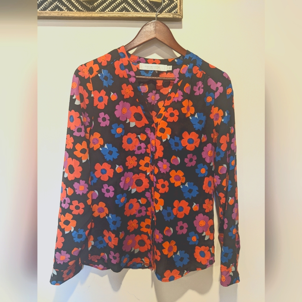 Contemporaine par Simons retro print floral collarless button down blouse size s